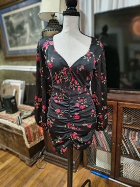 For Love & Lemons Black Floral Ruched Mini Dress with Pink Roses
